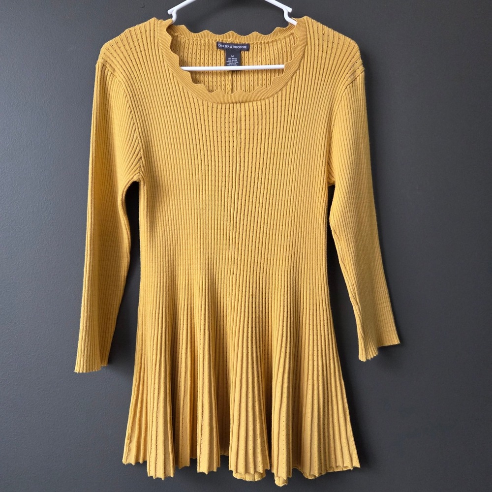 Chelsea Theodore Mustard Yellow Ribbed Knit Scalloped Neck Mini Dress Medium